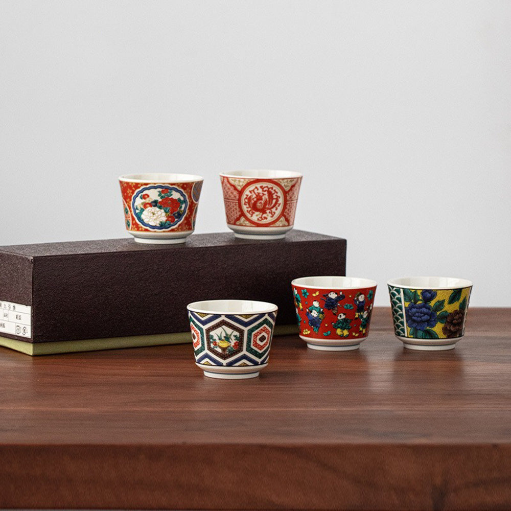 Kutani Porcelain Tea Cup Set of 5 | Five Pattern Gift Set