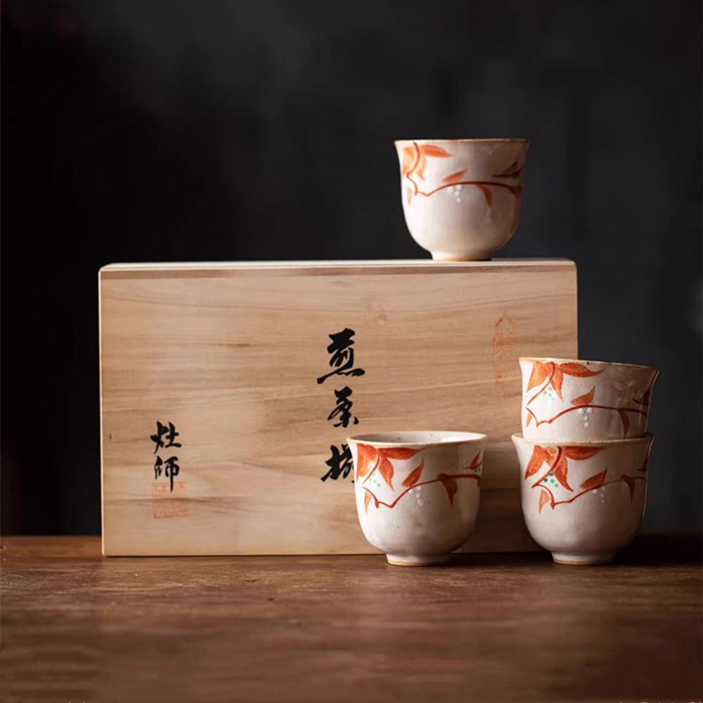 Handmade Ceramic Tea Cup Set of 5 | Red Leaf Vintage Glaze