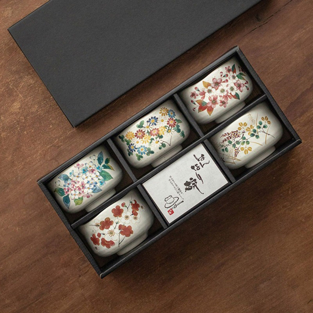 Tea Cup Set of 5 Japanese Mino-Yaki Four Seasons Shino Glaze 280ml