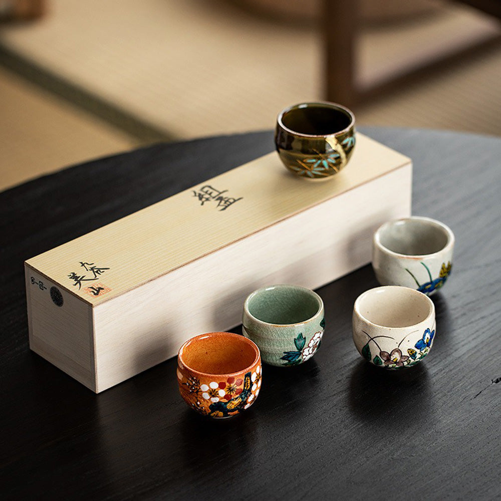 Kutani Floral Tea Cup Set of 5 | Goh-Souka Hand-Painted