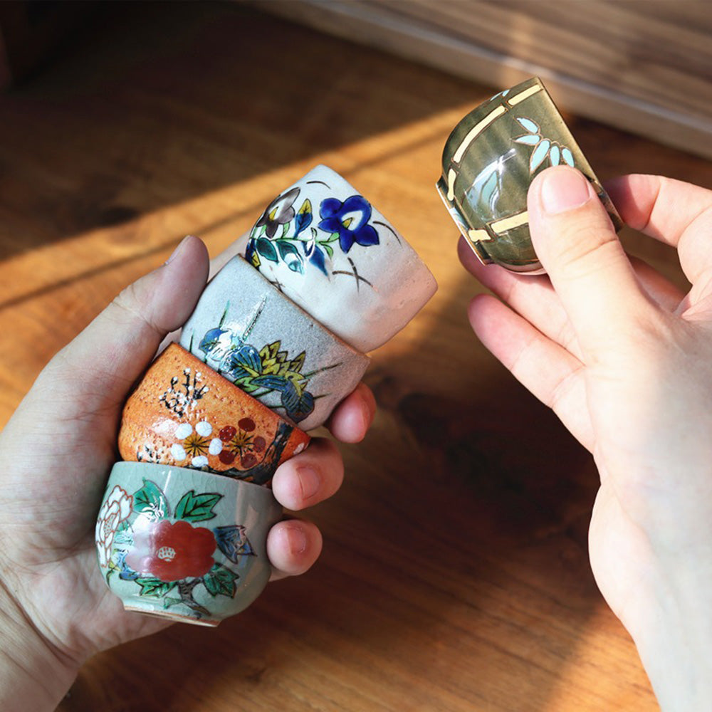 Kutani Floral Tea Cup Set of 5 | Goh-Souka Hand-Painted