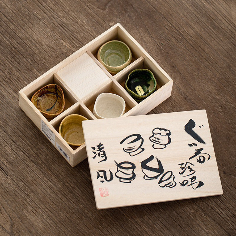 Tea Cup Set of 5 Japanese Mino-Yaki Pottery Zen 80ml Wooden Box