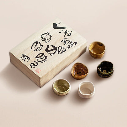Tea Cup Set of 5 Japanese Mino-Yaki Pottery Zen 80ml Wooden Box