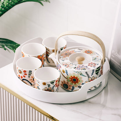 Ceramic Tea Set for 4 – Hand-Painted Floral Teapot & ABS Tray