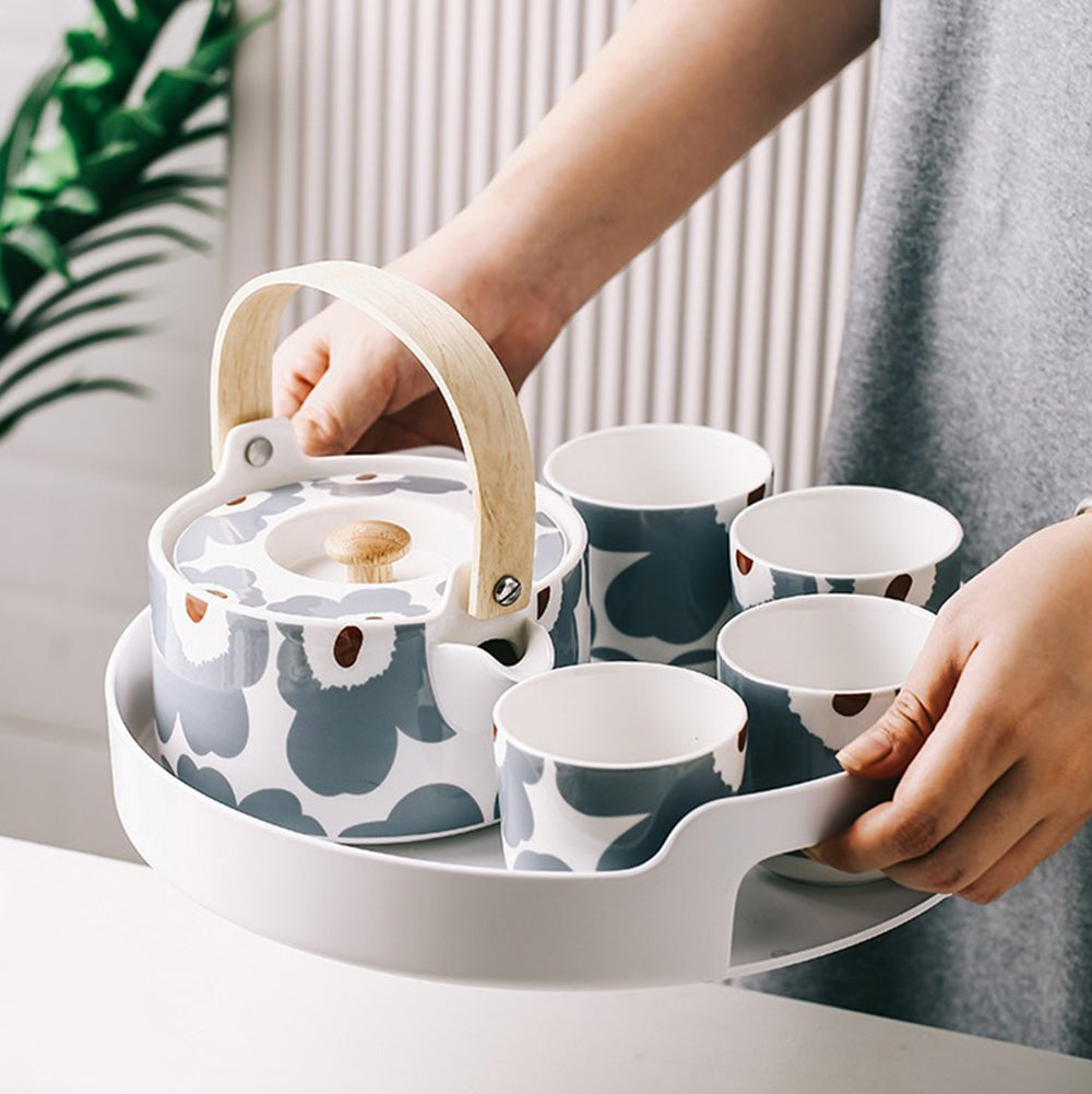 Ceramic Tea Set for 4 – Hand-Painted Floral Teapot & ABS Tray