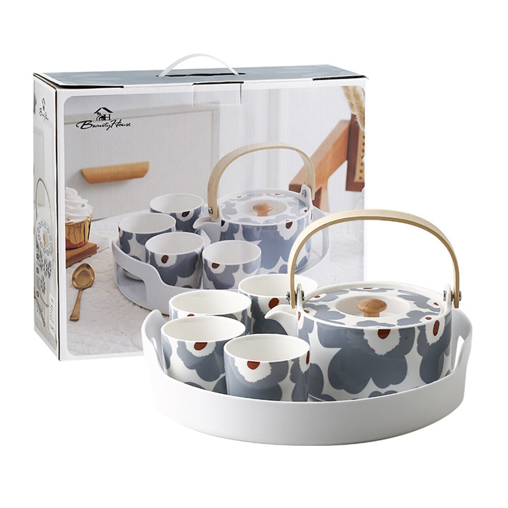 Ceramic Tea Set for 4 – Hand-Painted Floral Teapot & ABS Tray