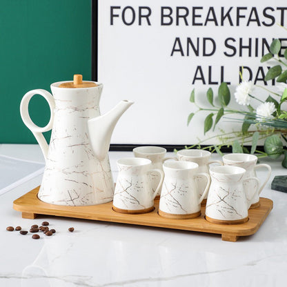 Floral Ceramic Tea Set for 4 – Teapot, Cups & Wood Handle Tray