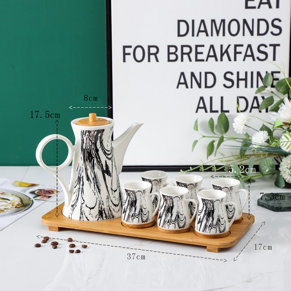 Floral Ceramic Tea Set for 4 – Teapot, Cups & Wood Handle Tray