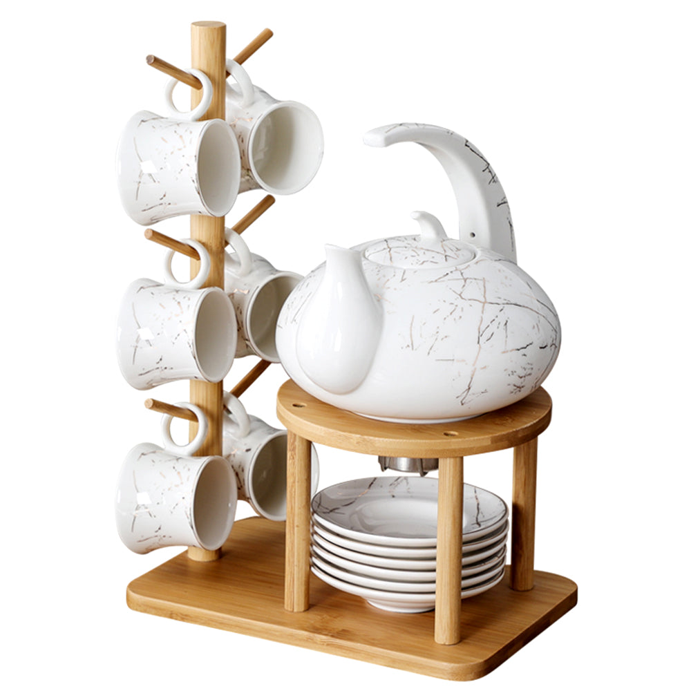 Ceramic Tea Set for 6 – Marble Glaze Teapot & Bamboo Rack