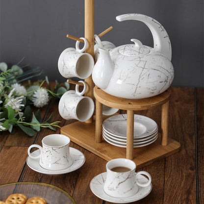 Ceramic Tea Set for 6 – Marble Glaze Teapot & Bamboo Rack