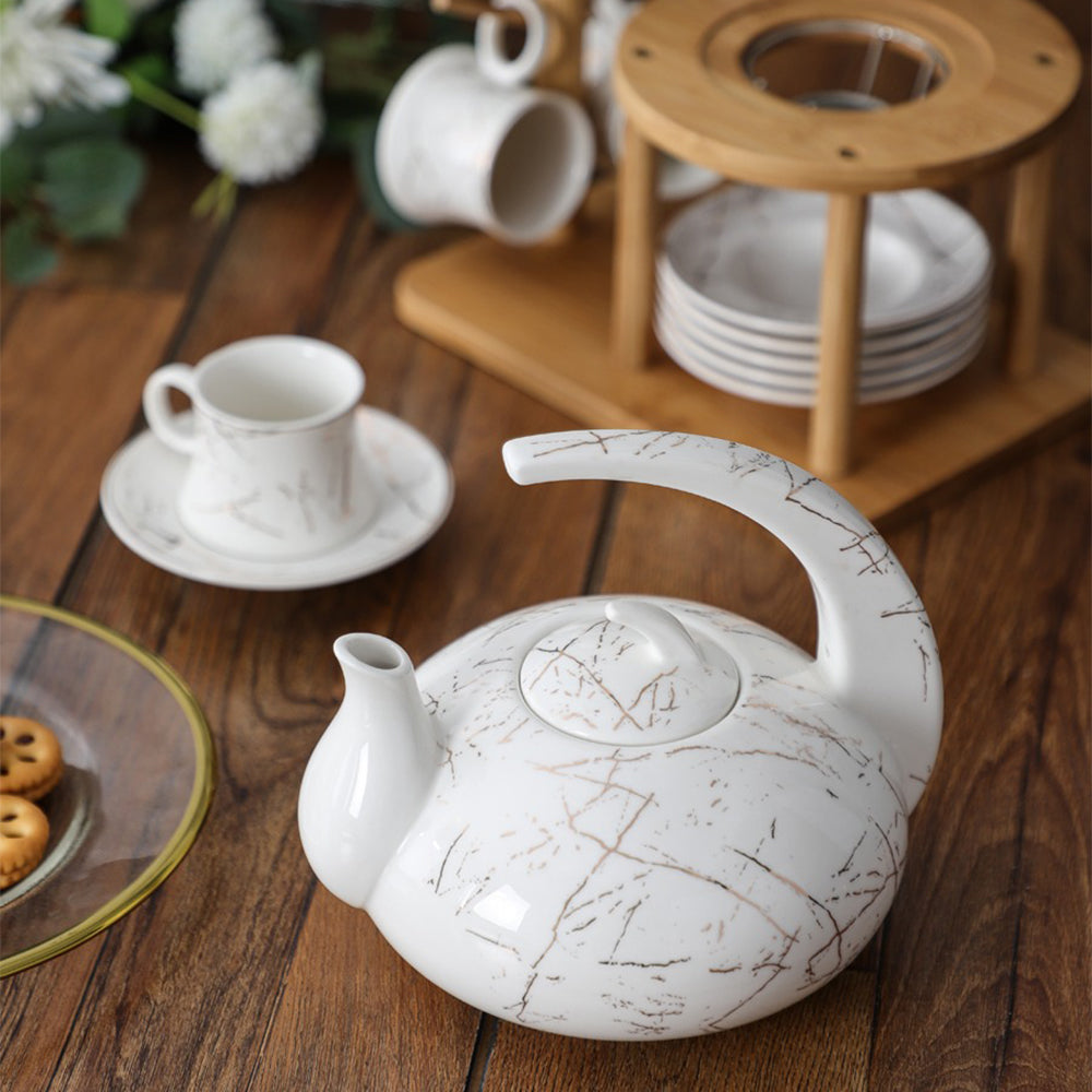 Ceramic Tea Set for 6 – Marble Glaze Teapot & Bamboo Rack