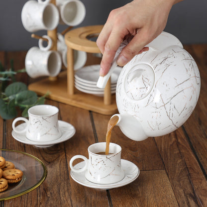 Ceramic Tea Set for 6 – Marble Glaze Teapot & Bamboo Rack