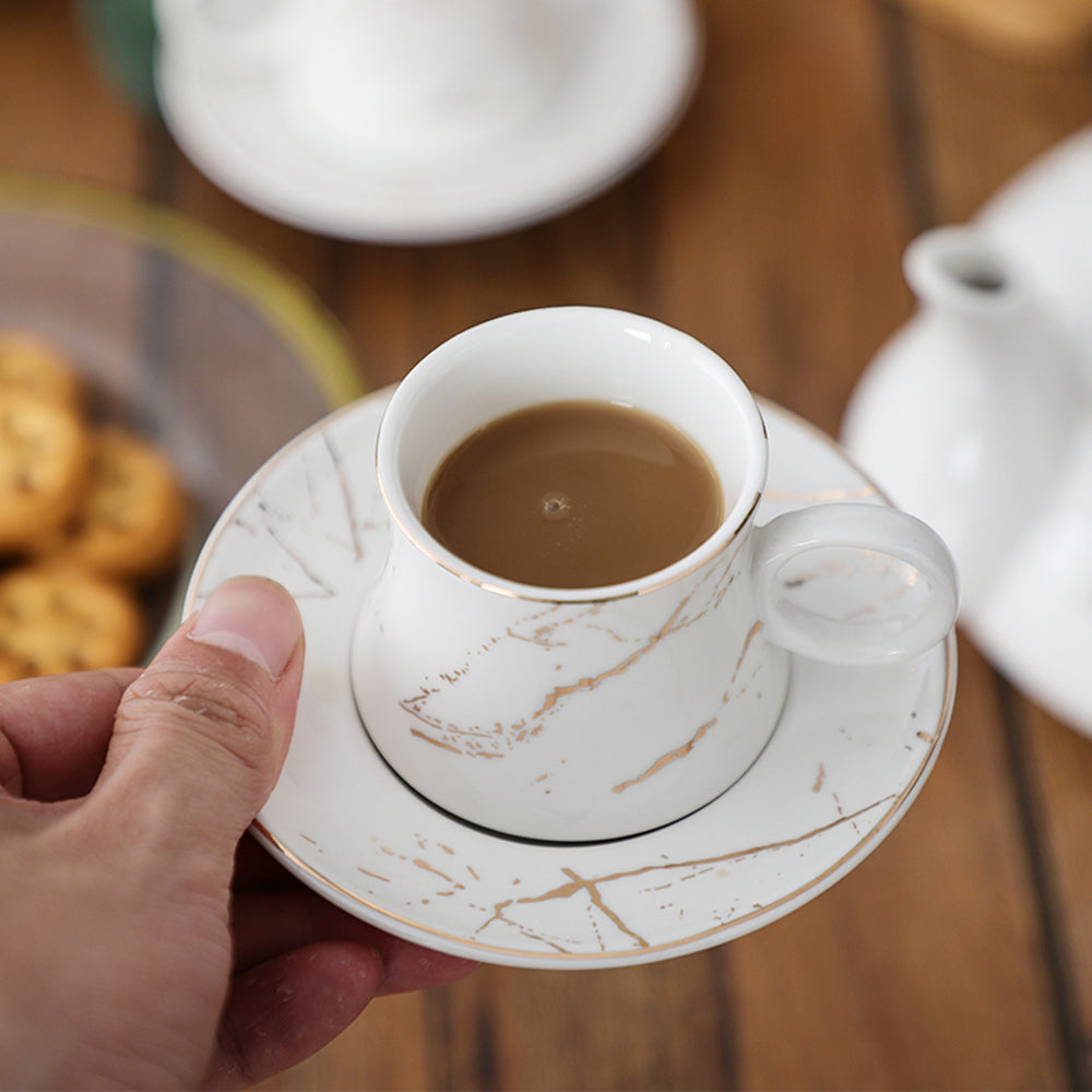 Ceramic Tea Set for 6 – Marble Glaze Teapot & Bamboo Rack