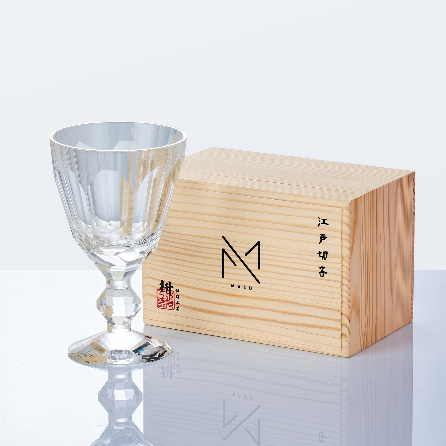 Wine Glass Edo Kiriko Handcrafted Crystal Prism Jewel Stem with Wooden Gift Box