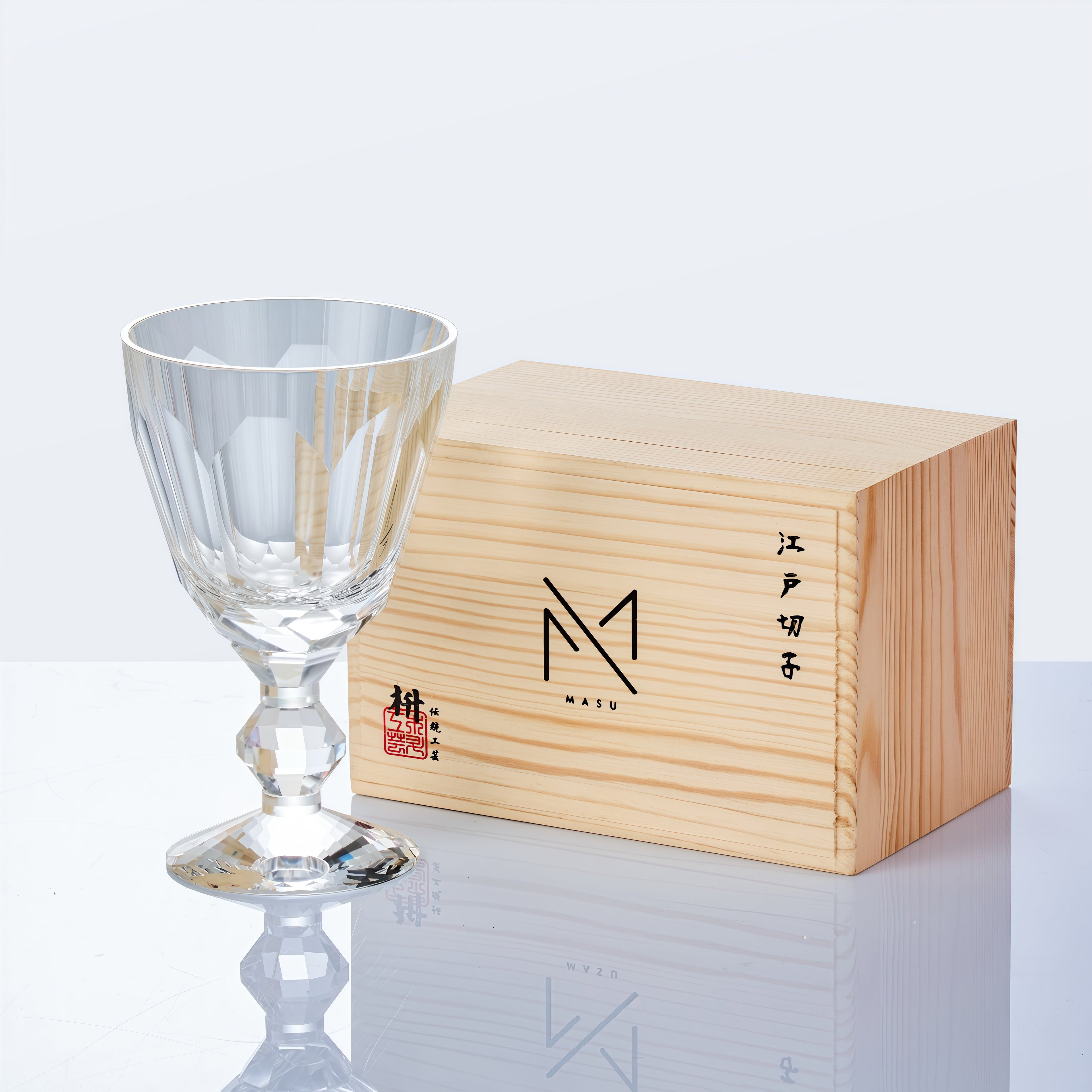 Wine Glass Edo Kiriko Handcrafted Crystal Prism Jewel Stem with Wooden Gift Box