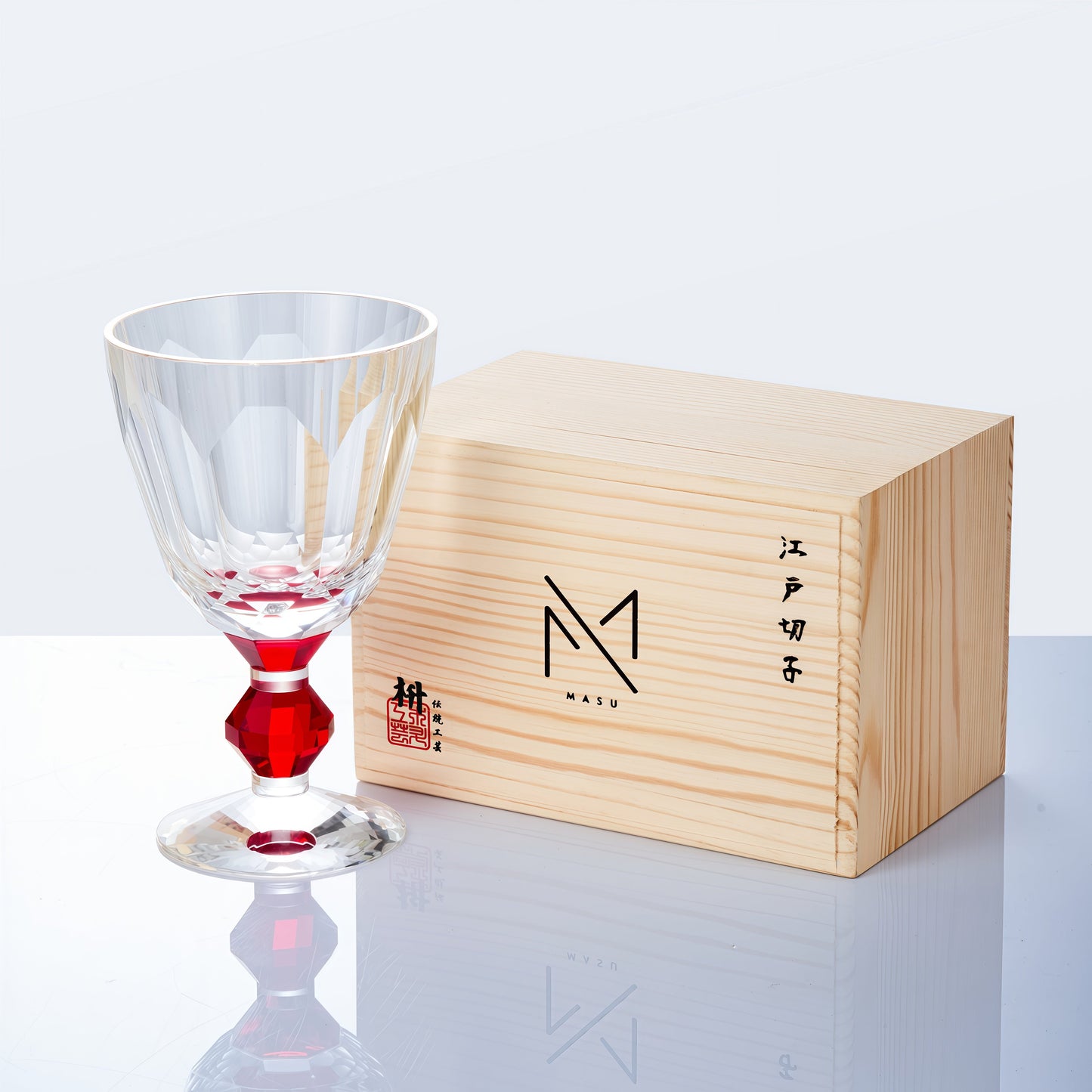 Wine Glass Edo Kiriko Handcrafted Crystal Prism Jewel Stem with Wooden Gift Box
