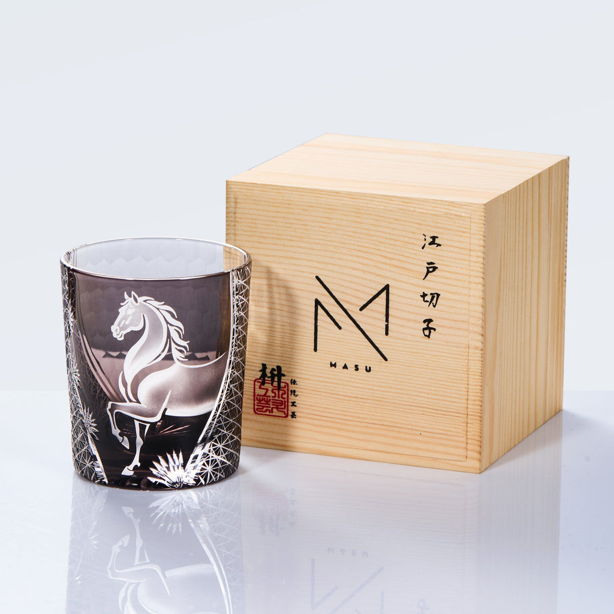 Whiskey Glass Meiba Horse | Edo Kiriko Handcrafted Crystal Glass Blue & Black