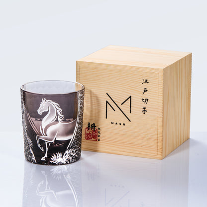 Whiskey Glass Meiba Horse | Edo Kiriko Handcrafted Crystal Glass Blue & Black