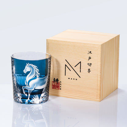 Whiskey Glass Meiba Horse | Edo Kiriko Handcrafted Crystal Glass Blue & Black