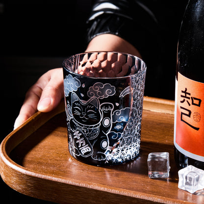 Whiskey Glass Maneki Neko | Edo Kiriko Handcrafted Lucky Cat Crystal Glass