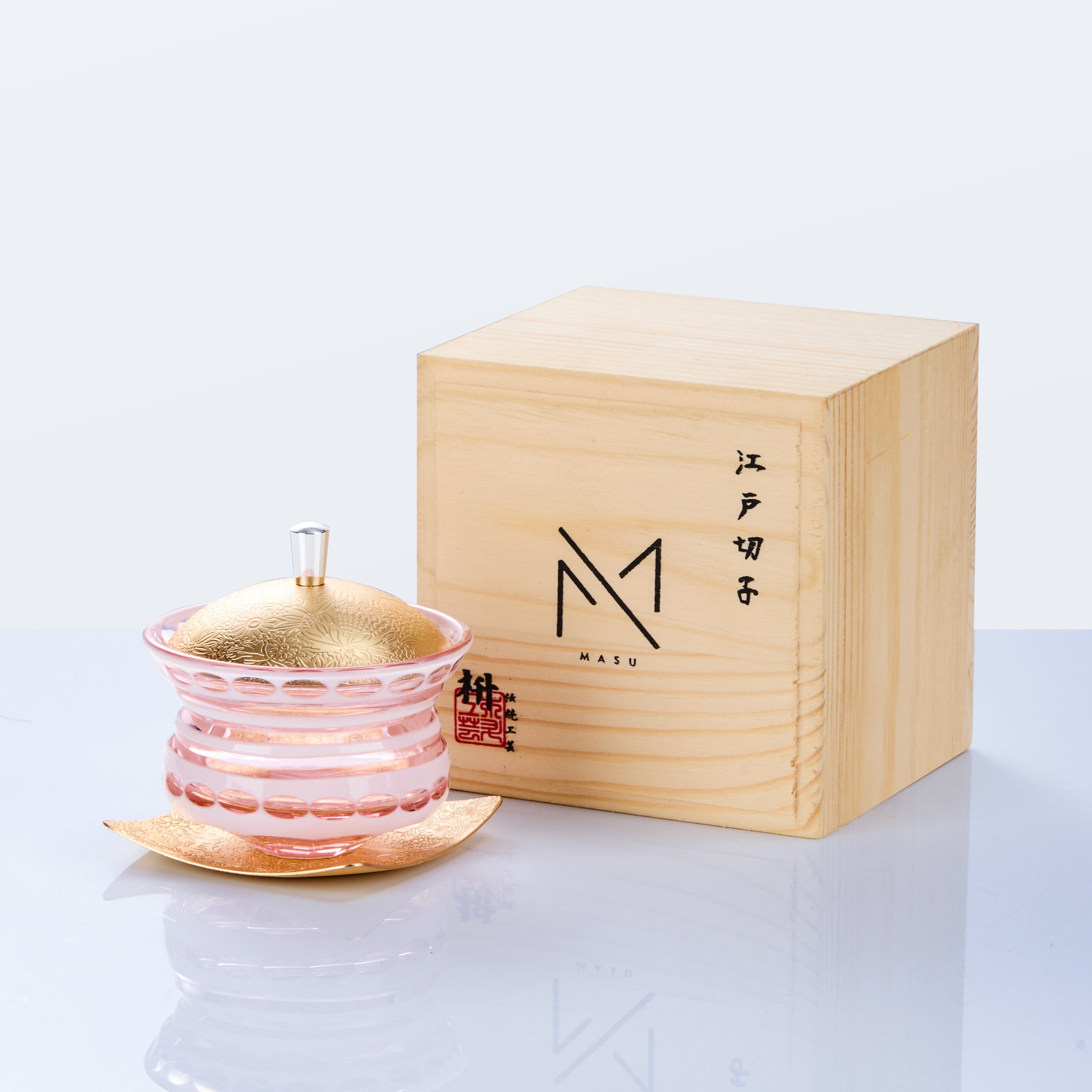 Edo Kiriko Lidded Glass Set Chimi Washokki – Hand-Cut Japanese Glassware with Wooden Box | Gold & Silver