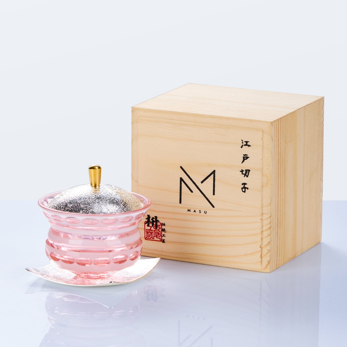Edo Kiriko Lidded Glass Set Chimi Washokki – Hand-Cut Japanese Glassware with Wooden Box | Gold & Silver