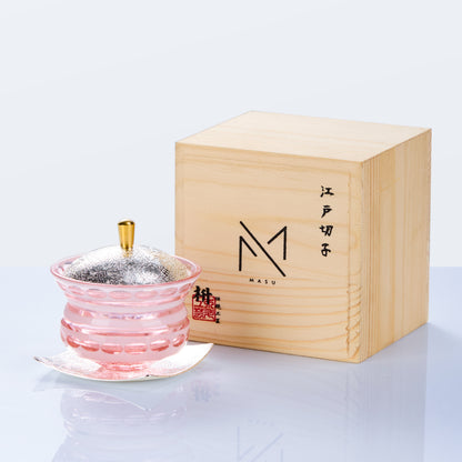Edo Kiriko Lidded Glass Set Chimi Washokki – Hand-Cut Japanese Glassware with Wooden Box | Gold & Silver