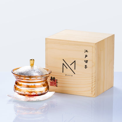 Edo Kiriko Lidded Glass Set Chimi Washokki – Hand-Cut Japanese Glassware with Wooden Box | Gold & Silver