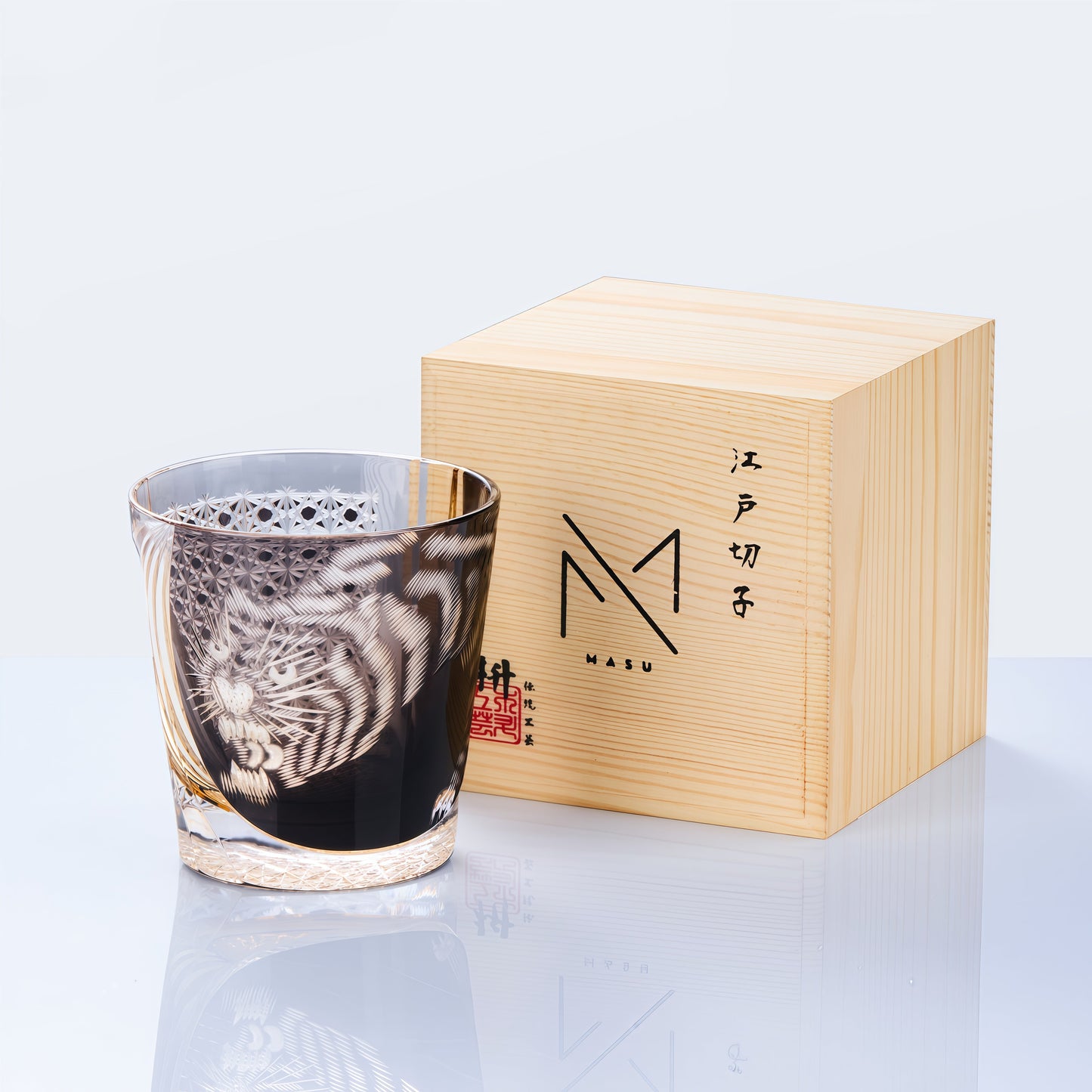 Whisky Drinking Glass Edo Kiriko Kuro Tora Tiger Hand-Carved Black Crystal | Japanese Artisan Glassware