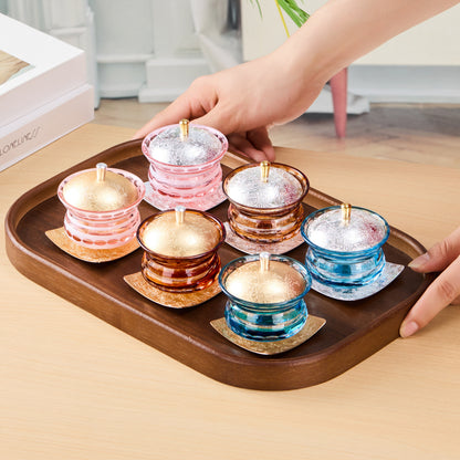 Edo Kiriko Lidded Glass Set Chimi Washokki – Hand-Cut Japanese Glassware with Wooden Box | Gold & Silver