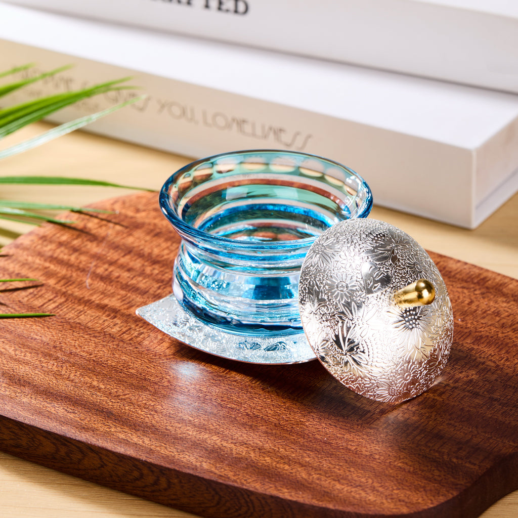 Edo Kiriko Lidded Glass Set Chimi Washokki – Hand-Cut Japanese Glassware with Wooden Box | Gold & Silver