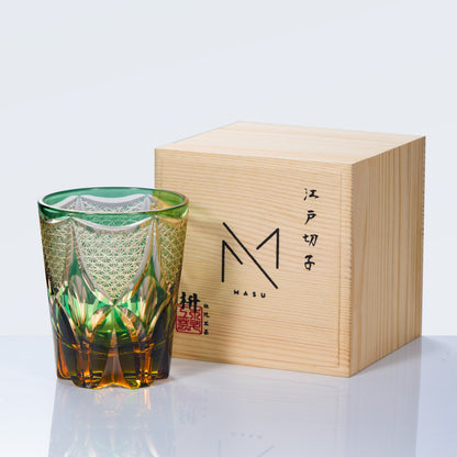 Whiskey Glass Ryokusho Yugure | Edo Kiriko Emerald Amber Gradient Cut