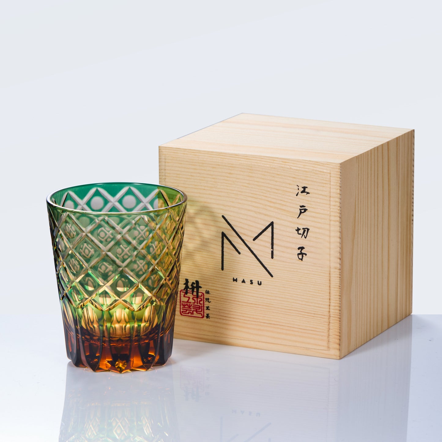 Whiskey Glass Ryokusho Yugure | Edo Kiriko Emerald Amber Gradient Cut