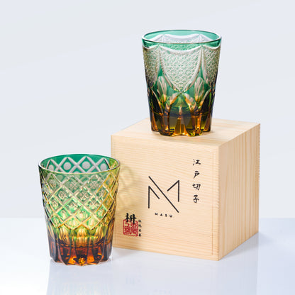 Whiskey Glass Ryokusho Yugure | Edo Kiriko Emerald Amber Gradient Cut