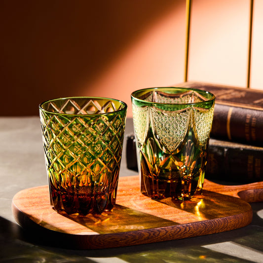 Whiskey Glass Ryokusho Yugure | Edo Kiriko Emerald Amber Gradient Cut