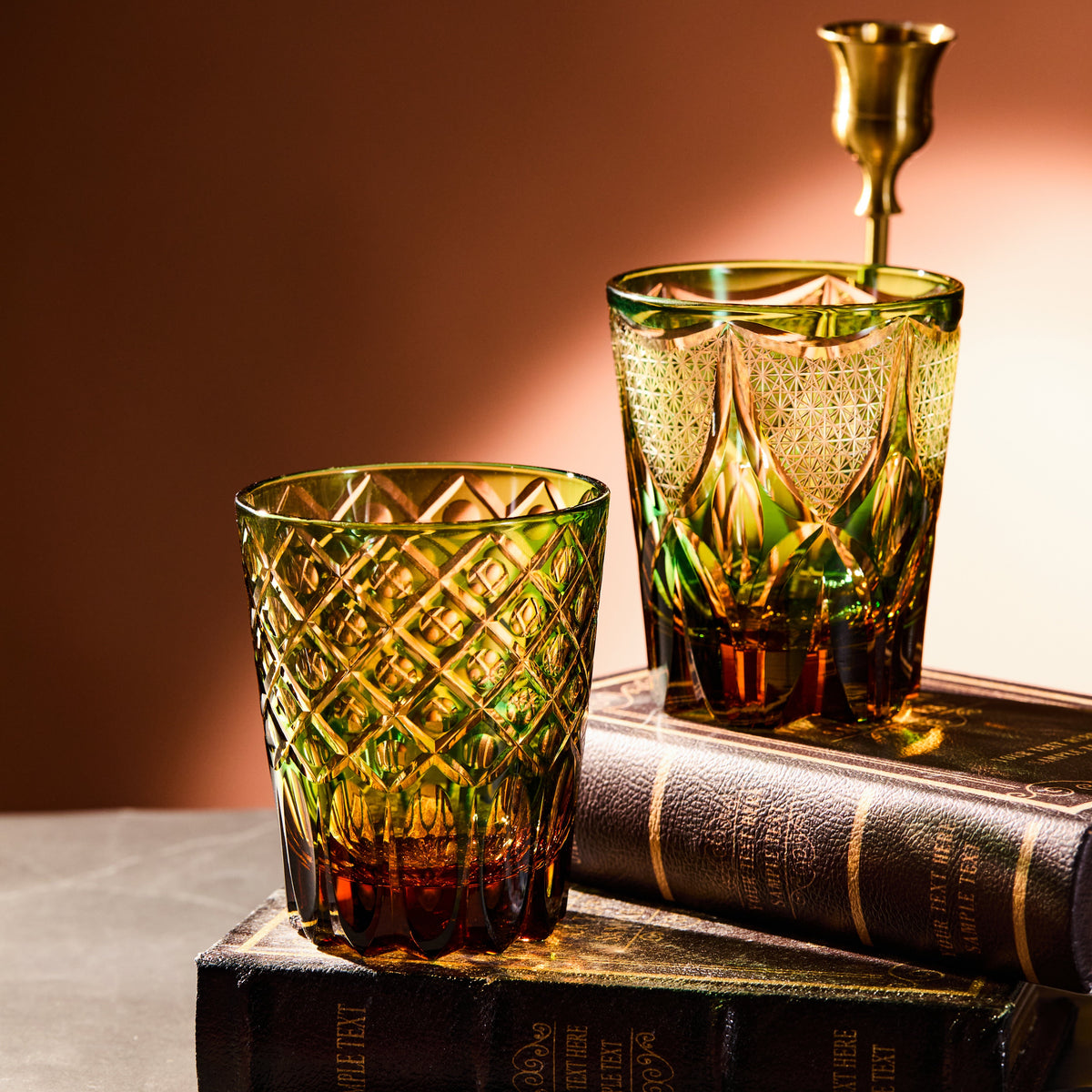Whiskey Glass Ryokusho Yugure | Edo Kiriko Emerald Amber Gradient Cut