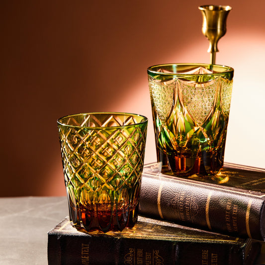 Whiskey Glass Ryokusho Yugure | Edo Kiriko Emerald Amber Gradient Cut