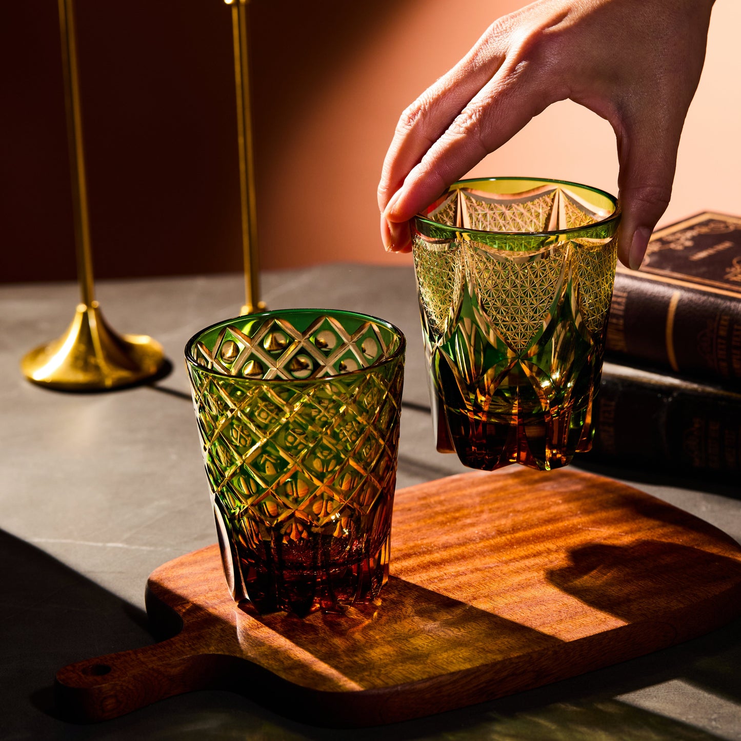 Whiskey Glass Ryokusho Yugure | Edo Kiriko Emerald Amber Gradient Cut