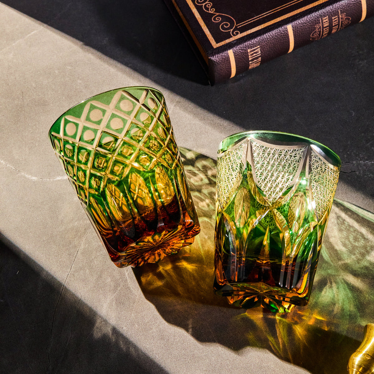 Whiskey Glass Ryokusho Yugure | Edo Kiriko Emerald Amber Gradient Cut