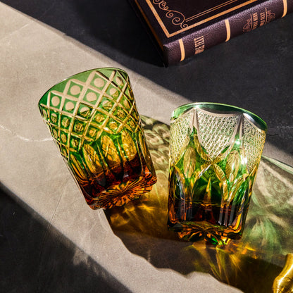 Whiskey Glass Ryokusho Yugure | Edo Kiriko Emerald Amber Gradient Cut