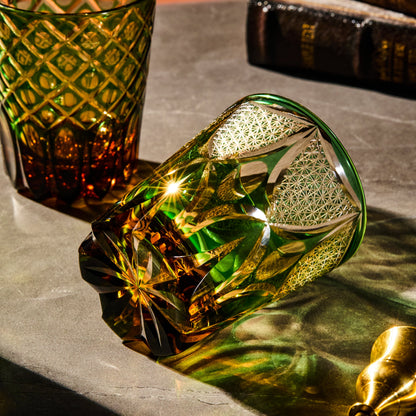 Whiskey Glass Ryokusho Yugure | Edo Kiriko Emerald Amber Gradient Cut