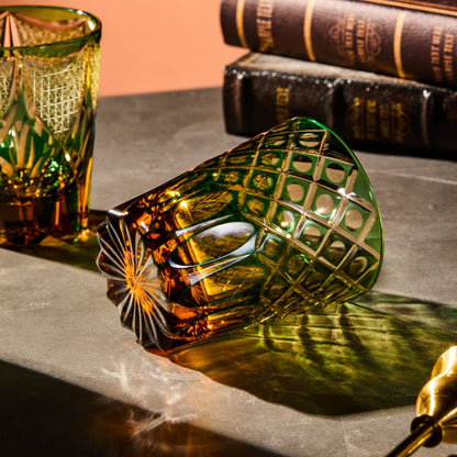 Whiskey Glass Ryokusho Yugure | Edo Kiriko Emerald Amber Gradient Cut