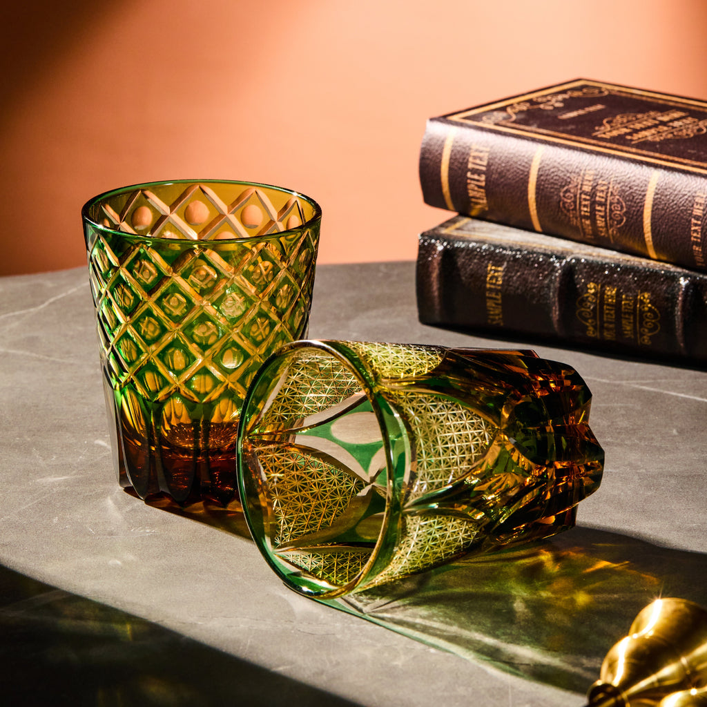 Whiskey Glass Ryokusho Yugure | Edo Kiriko Emerald Amber Gradient Cut