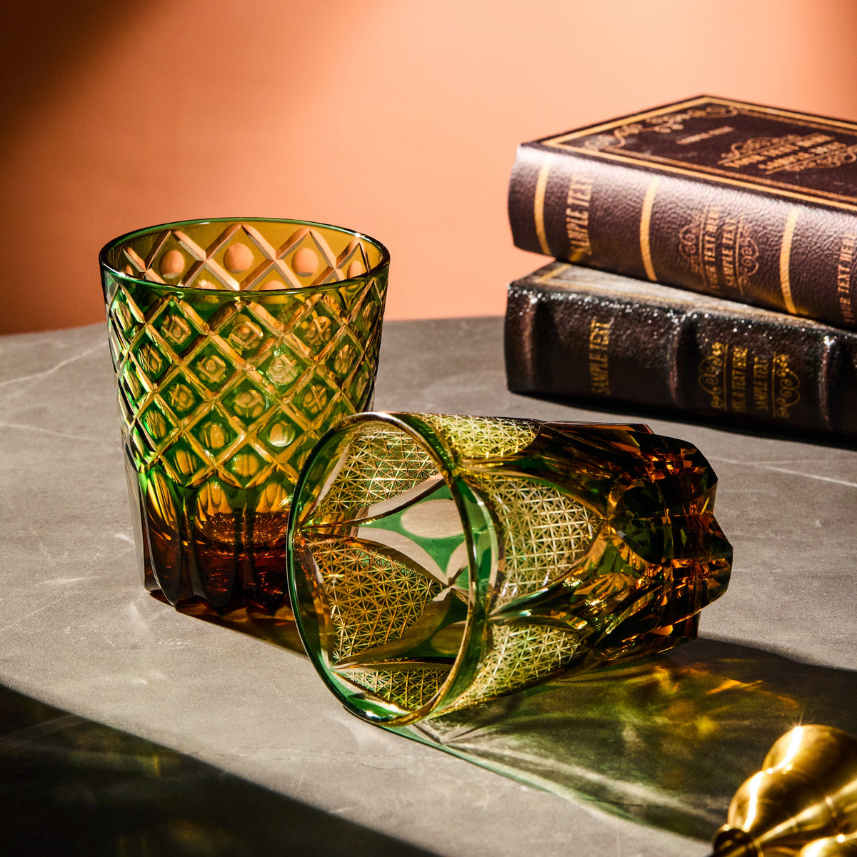 Whiskey Glass Ryokusho Yugure | Edo Kiriko Emerald Amber Gradient Cut