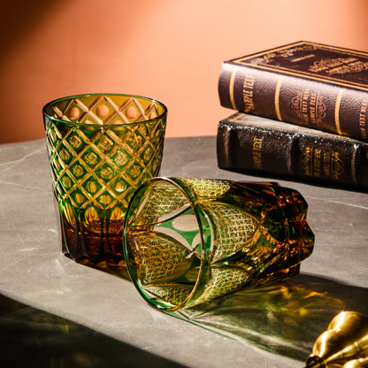 Whiskey Glass Ryokusho Yugure | Edo Kiriko Emerald Amber Gradient Cut