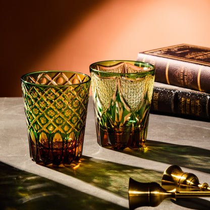 Whiskey Glass Ryokusho Yugure | Edo Kiriko Emerald Amber Gradient Cut