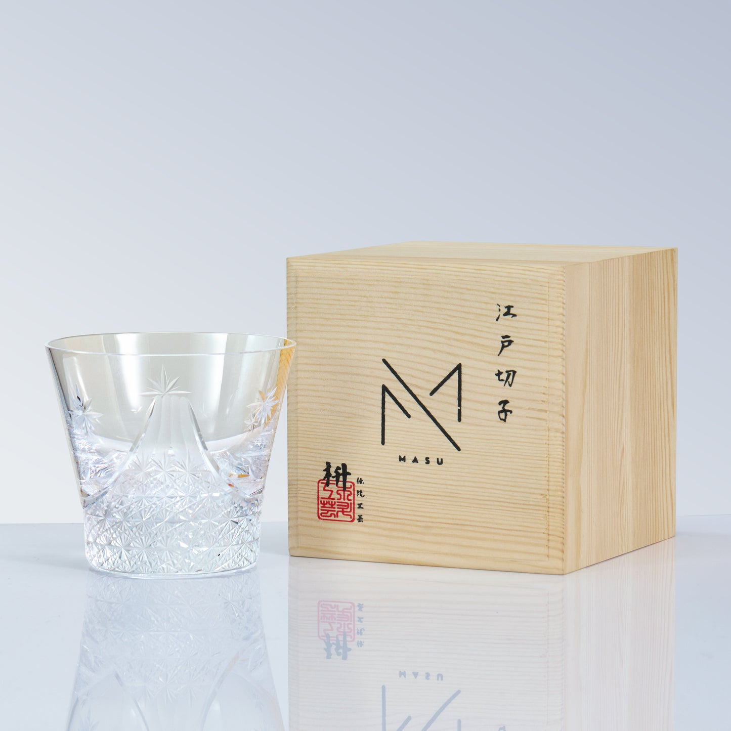 Whiskey Glass Edo Kiriko Handcrafted Fuji no Mine with Wooden Gift Box