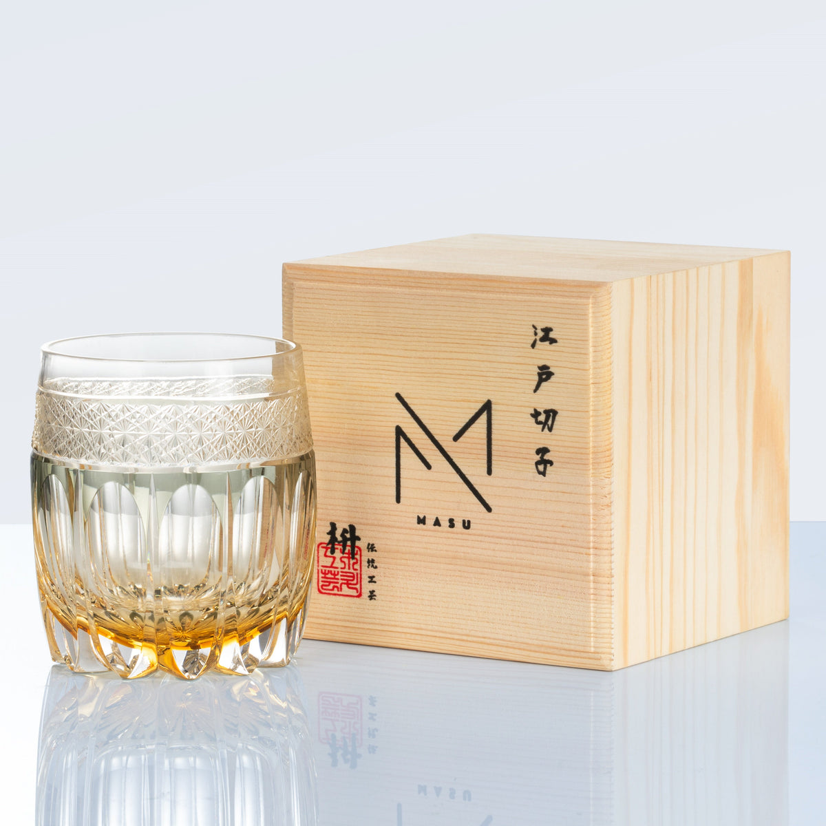 Whiskey Glass Edo Kiriko Amber Celestial – Hand-Cut Starburst Japanese Tumbler with Wooden Box
