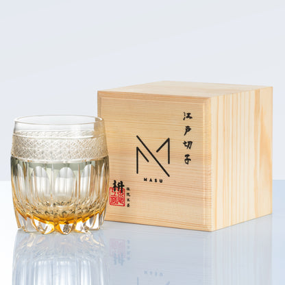 Whiskey Glass Edo Kiriko Amber Celestial – Hand-Cut Starburst Japanese Tumbler with Wooden Box