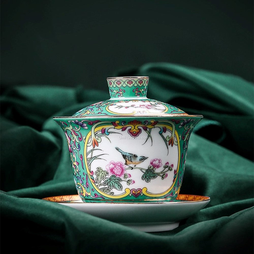 Enamel Porcelain Gaiwan Tea Set | Magpie Peach Blossom